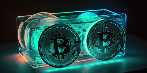 Two neon blue bitcoins, Generative AI