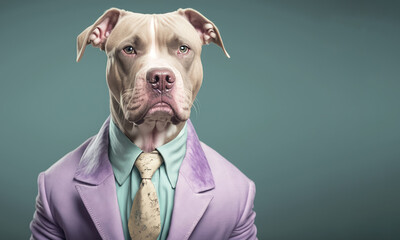 Dog wearing pastel colored suit, copy space, Generative AI