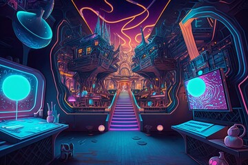 Fototapeta premium View of Virtual Reality Never Ending Party City with Neon Lights, Generative AI