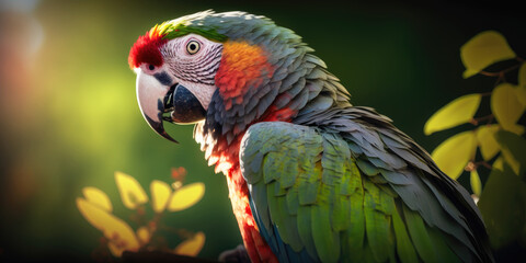 Fototapeta premium Green parrot in a forest, Generative AI