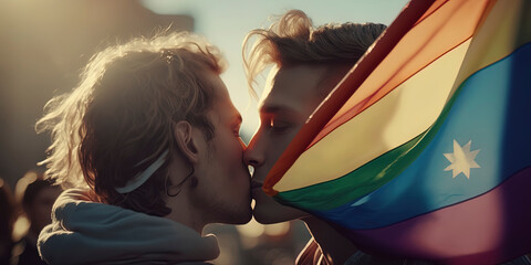 A tender kiss of two handsome men surrounded by the LGBTQ+ flag and festive ribbons