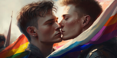 Obraz premium A tender kiss of two handsome men surrounded by the LGBTQ+ flag and festive ribbons