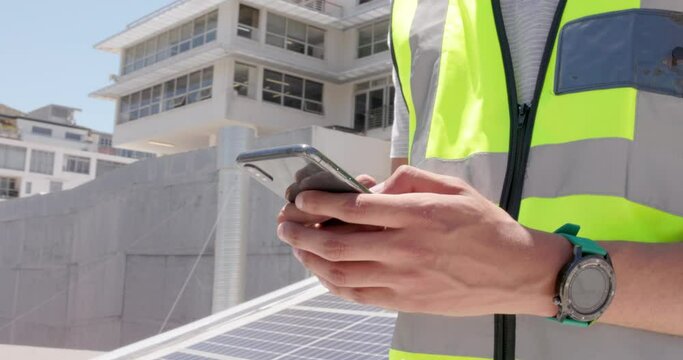 Hands, phone and texting outdoor for engineer, networking or chat for construction site report. Man, typing and smartphone for communication in city, metro or social media ui for property development