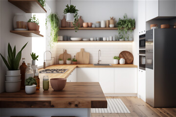 Modern kitchen interior mock up, dining area. scandinavian style white kitchen wooden board. generative ai.