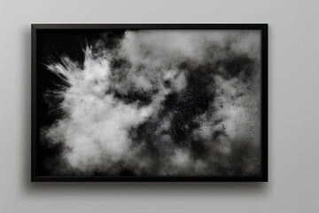 Um quadro de exibição impressionante apresenta uma explosão de pintura em pó preto e branco, gerado por inteligência artificial, que se assemelha a uma obra de arte digital perfeita.