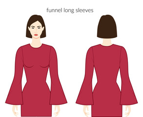 Funnel sleeves long length clothes character beautiful lady in burgundy top, shirt, dress technical fashion illustration, fitted. Flat apparel template front, back sides. Women, men unisex CAD mockup