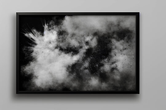 Um quadro de exibi&ccedil;&atilde;o impressionante apresenta uma explos&atilde;o de pintura em p&oacute; preto e branco, gerado por intelig&ecirc;ncia artificial, que se assemelha a uma obra de arte digital perfeita.