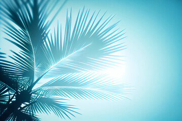 Fototapeta na wymiar Blurred shadow from palm leaves on blue sky. Minimal abstract background for product presentation. Spring and summer.