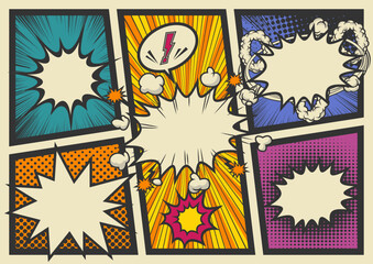 Comic book page template with empty speech bubbles and rays. Vector illustration.Retro pop art comics book magazine, speech bubble, balloon, box message. © Tkz26 Graphics