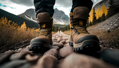 Hiker in the mountains during fall. Feet facing you, created with generative Ai technology