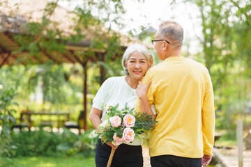 Never stop loving each other, Asian people elderly husband and wife relaxing in park outdoor in springtime.