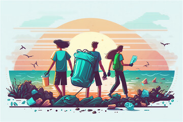 Fototapeta premium Global environmental pollution. volunteers collecting plastic garbage to waste bags, The concept of environmental conservation. generative ai.