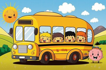 happy childrens and school bus cartoon art illustrati