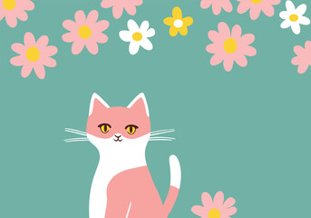 Curious pink cat among colorful spring flowers, pastel colors, flat design, green background
