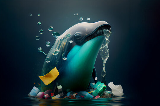 Plastic waste harming marine life: The picture depicts how plastic waste is harming marine life illness and death animals.generative ai.