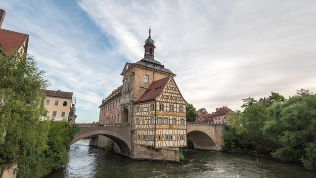 Bamberg Germany time lapse 4K, city skyline timelapse at Altes Rathaus Old Town Hall and Linker Regnitzarm River