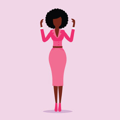 black woman, business woman, pink business suit, afro hair, arms raised, full body, gesturing, lecturing, pink background, pastel colors