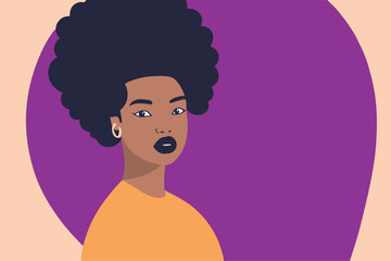 beautiful young black girl, afro hair, big lips, inspirational, flat design, minimalist, abstract background