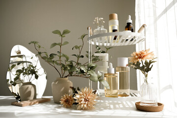 The beauty product and skincare set on the bath shelf with luxury flower and mirror for spa concept.