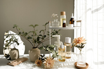Beauty products with flowers and plants for skincare, and self-care routines. luxury spa and...