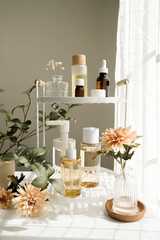 Beauty products with flowers and plants for skincare, and self-care routines. luxury spa and cosmetic background.