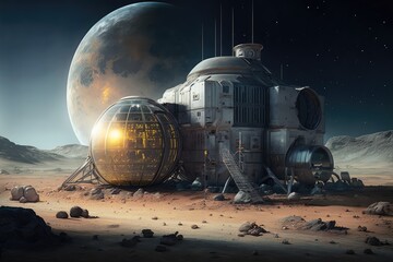 Fototapeta na wymiar Space base on another planet - Generative AI illustration