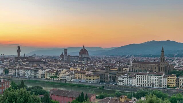 Florence Italy time lapse 4K, city skyline day to night sunset timelapse and Arno river