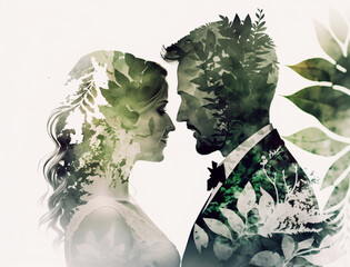 Double exposure digital illustration of a couple wedding celebration. Silhouette characters filled with dream like backgrounds. Abstract wedding concept art for invitations, poster or announcements.