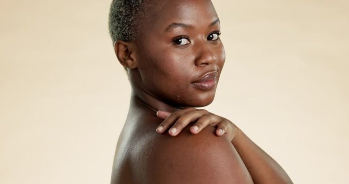 Face, black woman and skincare for beauty, dermatology and confident girl against a studio background. Portrait, African American female and lady with cosmetics, grooming and routine for smooth skin