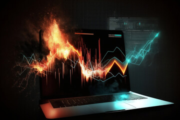 Render of stock trading charts bursting out of a laptop. Created by Generative AI technology - obrazy, fototapety, plakaty