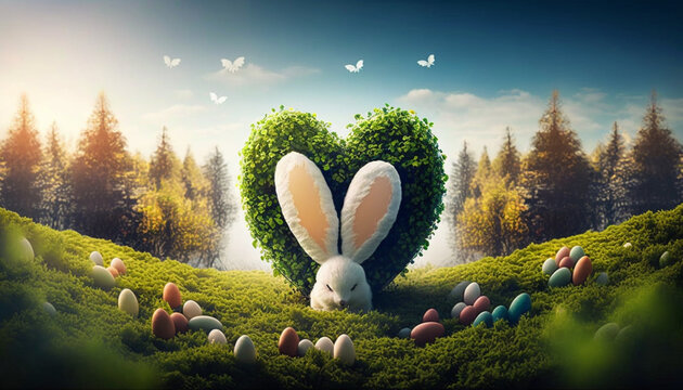 Coelho da páscoa orelhudo, papel de parede páscoa, AI, coelho de frente para um arbusto de coração com ovos de páscoa coloridos