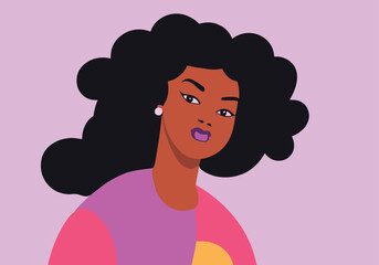 beautiful black girl, big hair, afro, full lips, empowered, inspired, pride, pastel colors, flat design, colorful, minimalist, clean background