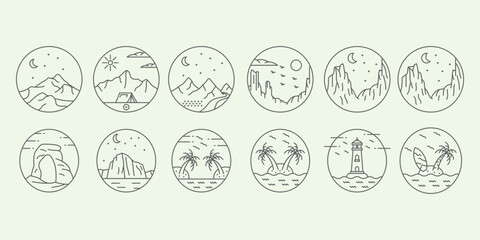 set natural adventure logo design minimalist illustration line art icon