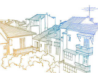 Nice Monaco's roofs. Europe. Hand drawn line sketch. Urban Background. Colourful vector illustration.