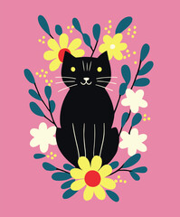 Black cat among colorful spring flowers, pastel colors, flat design, pink background