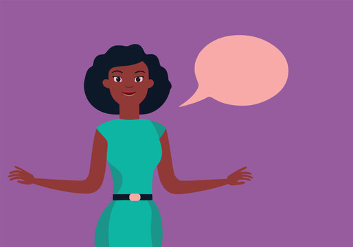 business black woman talking, lecturing, gesturing, excited, green dress, short hair, half body, comic speech bubble, purple background, colorful