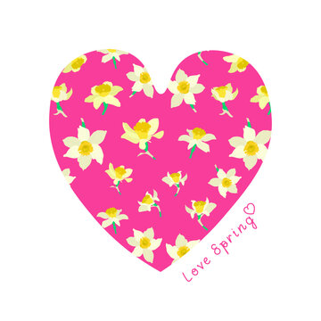 Decorative vector card "Love spring" of heart with pattern flowers of narcissus on pink background. Cute background with lettering. Spring - summer floral and festive theme for design.