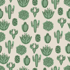 Green Cactus Cartoon Doodles Seamless Vector Repeat Pattern