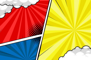 Cartoon comic backgrounds set. Comics book colorful poster with halftone elements. Retro Pop Art style. Vector illustration.