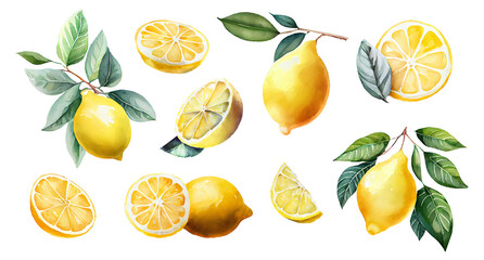 Lemon branches with fruits and green leaves set. Juicy citrus for lemonade. Sliced in pieces fresh lemons, watercolor style illustration isolated on transparent background. Generative AI - obrazy, fototapety, plakaty