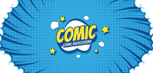 Pop art comic background with cloud and star Cartoon Vector Illustration on blue