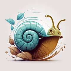 Cute blue and brown snail, splash of water on white background, design element, generative ai