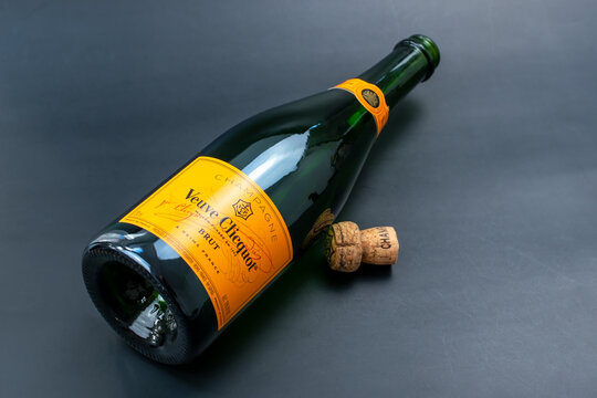 Veuve Clicquot, The Widow Clicquot, famous elite champagne, bottle of wine and champagne cork on a black background, Manhattan, New York City, NY, USA, March 9, 2023