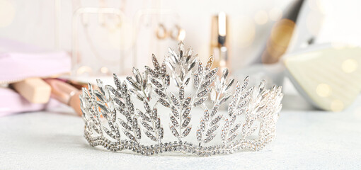 Beautiful tiara on light background. Prom concept © Pixel-Shot