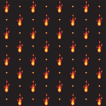 Seamless pattern 8 bit pixel style fire flame isolated on black background