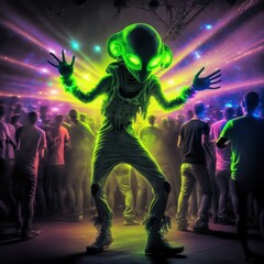 Obraz na płótnie Canvas UFO, DJ, rave, wizard, ET, dance, music, extraterrestrial, spell, festival music eletronic rave, GENERATIVE AI
