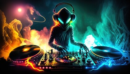 party, rave, DJ, ET, UFO, music, dance, extraterrestrial, rave, festival, eletronic music, neon, smoke, art GENERATIVE AI