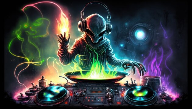 party, rave, DJ, ET, UFO, music, dance, extraterrestrial, rave, festival, eletronic music, neon, smoke, art GENERATIVE AI