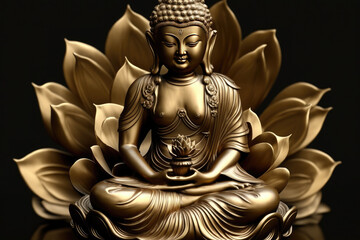 Maitreya buddha gold statue sitting on lotus, generative AI