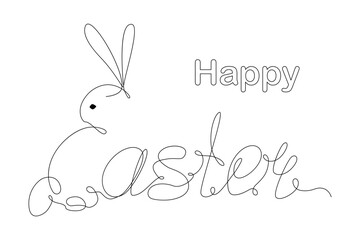 Obraz premium Easter bunny and Happy Easter lettering in one continuous line. One line contour drawing. Holiday